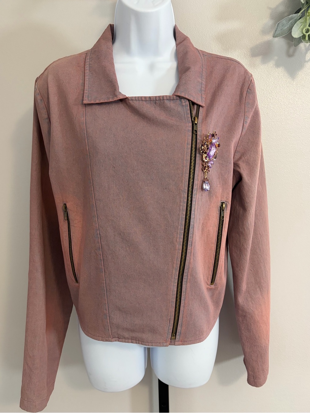 NWOT Aratta Silent Journey- Washed Mauve Zip Bomber Jacket with Brooch